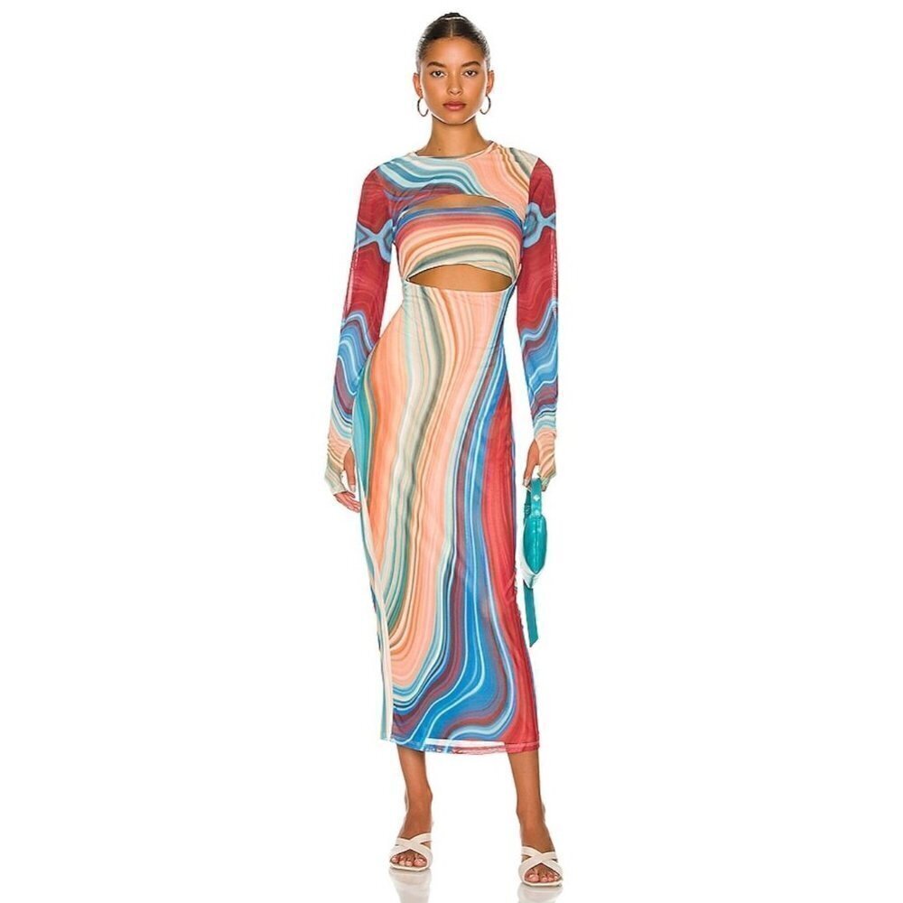 Afrm Matera Matera Dress Blue Abstract Womens Size Small